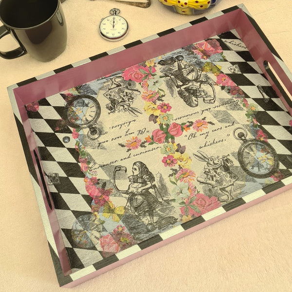 Handcrafted pink Alice in Wonderland wooden serving tray with black and metallic silver harlequin detailing.