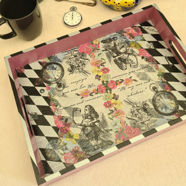 Handcrafted pink Alice in Wonderland wooden serving tray with black and metallic silver harlequin detailing. Totally unique tray.