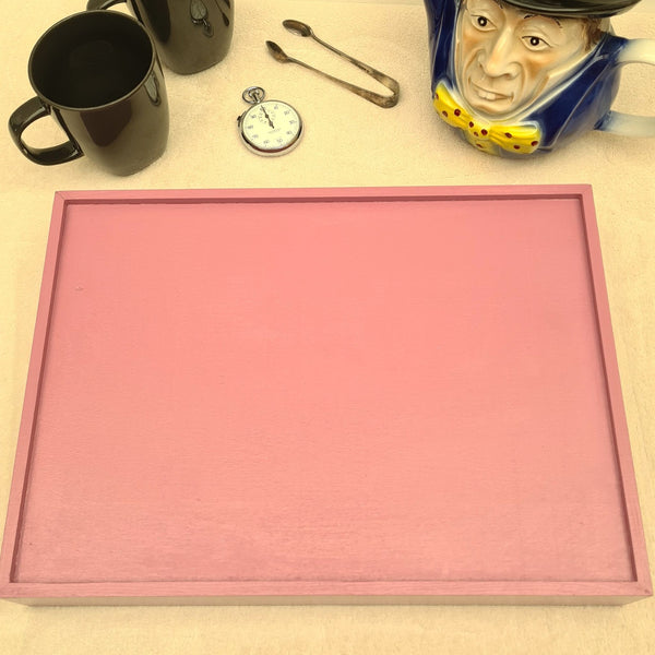 Reverse of handcrafted pink Alice in Wonderland wooden serving tray