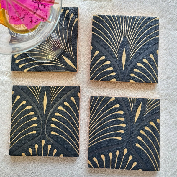 Handcrafted Art Deco fan wooden serving tray with matching ceramic coasters and bronze metallic edging. Matching coasters available separately.