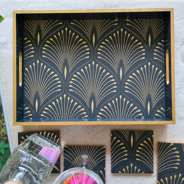Geometric Art Deco fan design on a handcrafted deep blue wooden serving tray with bronze edging. Matching coasters available separately.