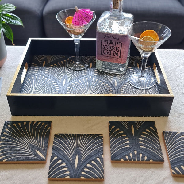 Handcrafted deep blue wooden serving tray decorated with a geometric Art Deco fan design and bronze metallic edging, styled with matching coasters, available separately.