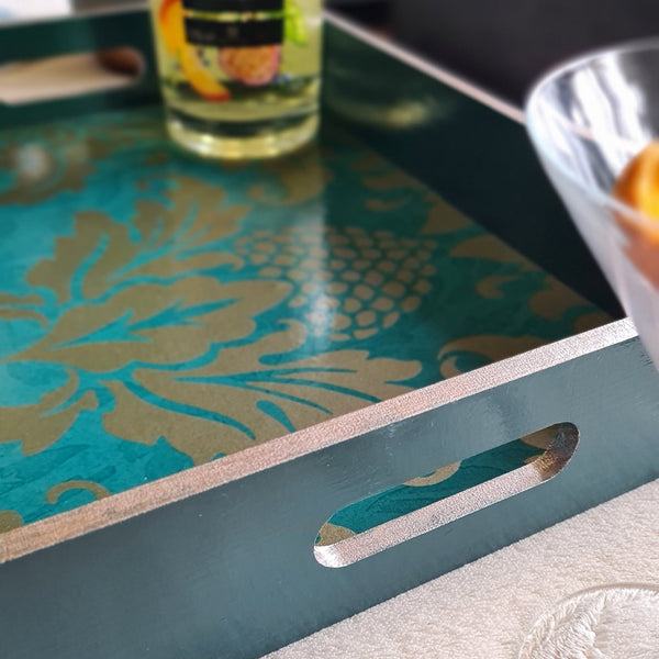 Handcrafted teal Baroque wooden serving tray with integrated handles and metallic Champagne detailing.