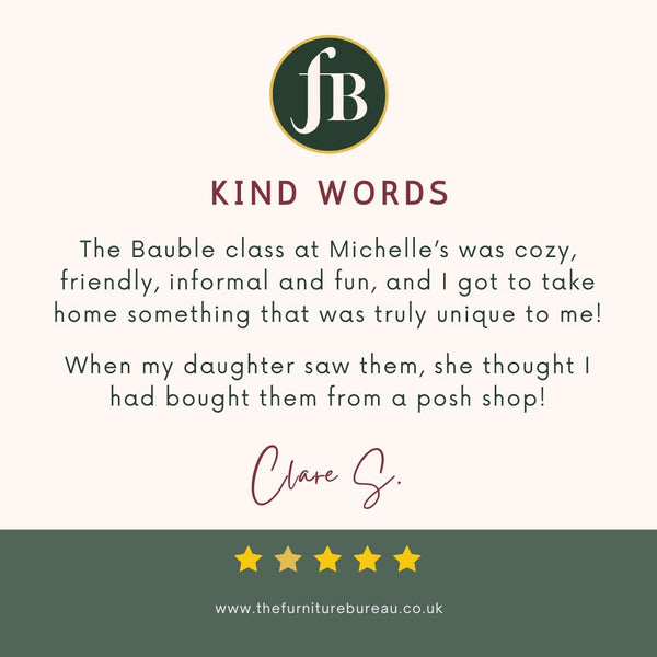 Kind words from a Baubles and Bubbles party goer about how much fun she had creating her bespoke baubles in Stotfold.