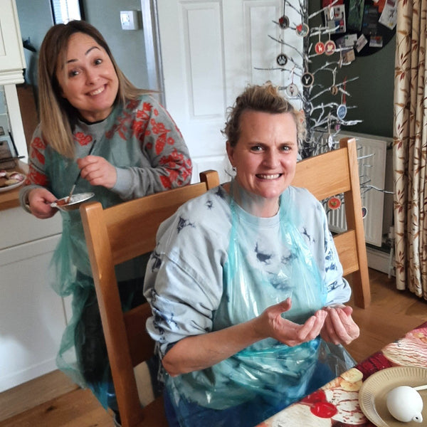 two Baubles & bubbles party goers enjoying a creative relaxed evening in Stotfold SG5