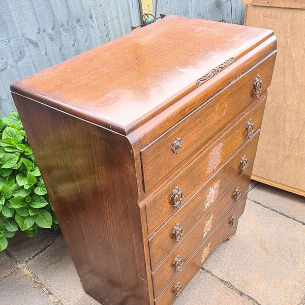 Vintage Beeanese mid-century five-drawer tallboy chest top view, ready for a bespoke furniture transformation.