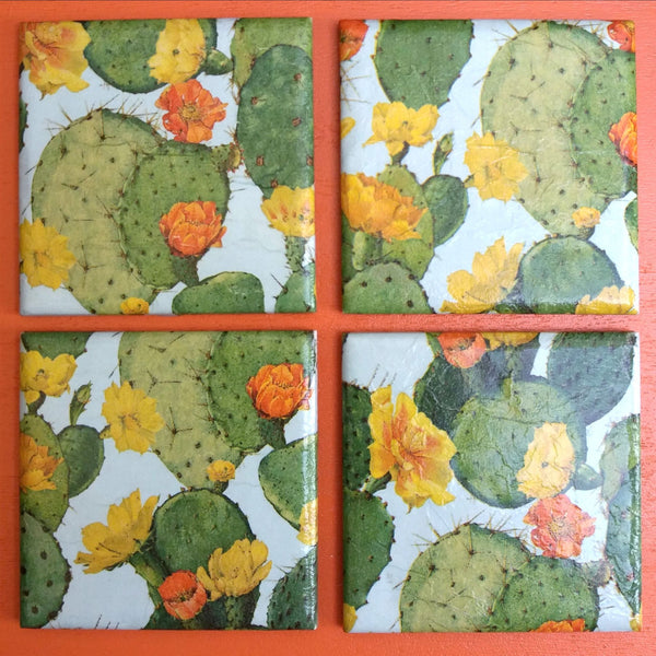 Colourful handmade Cacti ceramic coasters perfect as fun tequila mats for drinks and cocktails.