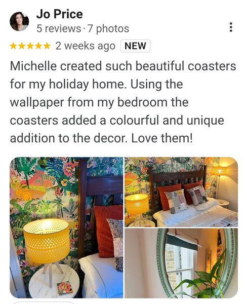 Five star review of custom made coasters using customers Kitty McCall Utopia wallpaper, created for her holiday home by The Furniture Bureau.