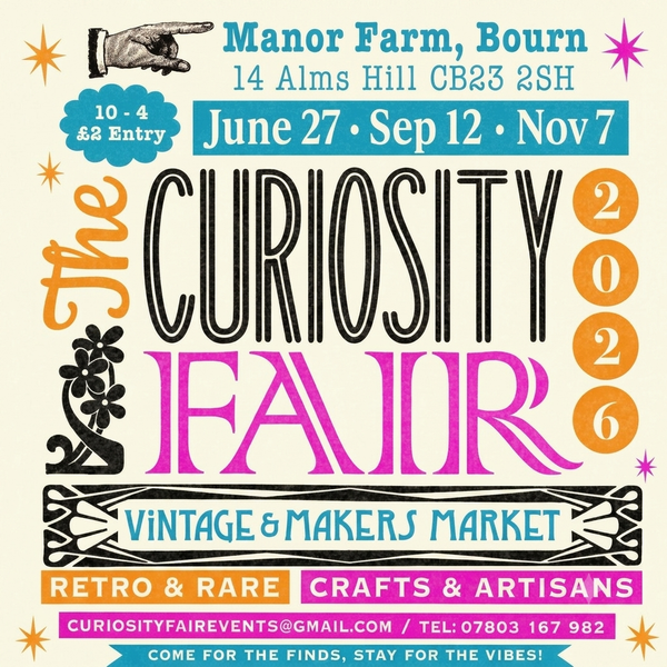 Poster advertising Christmas Curiosity Fair at Manor Farm Bourn Cambridge on Saturday 7 November 2026.