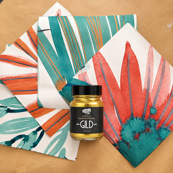colourful customer's own harlequin yasuni wallpaper, to be made into custom coasters with gold edges.