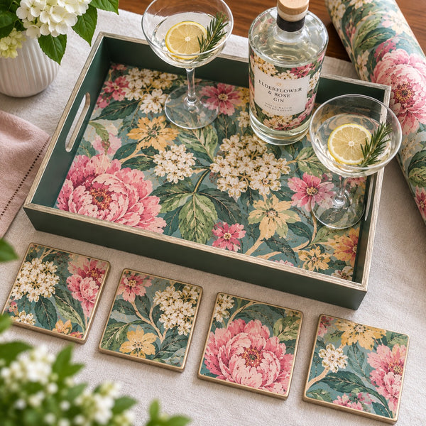AI illustration of custom made floral serving tray and four matching coasters with coordinating wallpaper roll