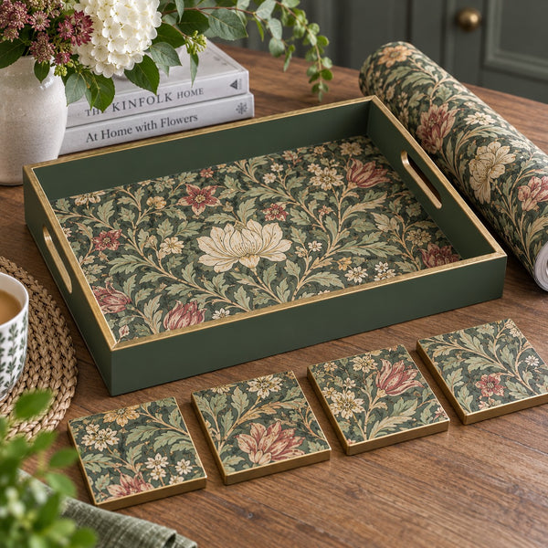 AI illustration of custom made serving tray and four matching coasters with William Morris inspired floral wallpaper