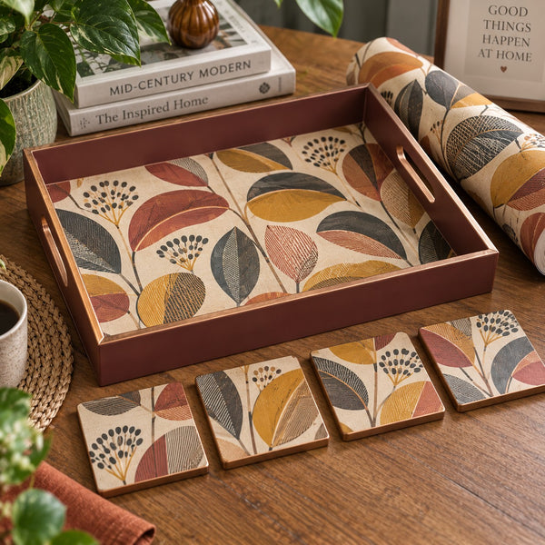 AI illustration of custom made retro serving tray and four matching coasters with coordinating wallpaper roll and copper edging