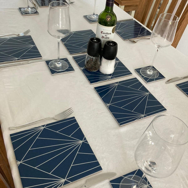 Custom handmade placemats and coasters designed to coordinate with customer's geometric wallpaper and home décor.