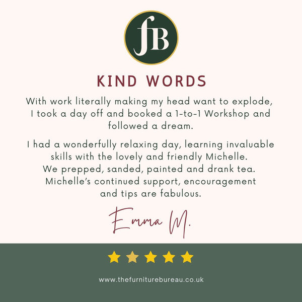 A digital review card for 'The Furniture Bureau' featuring a five-star rating and a customer testimonial from Emma M. 