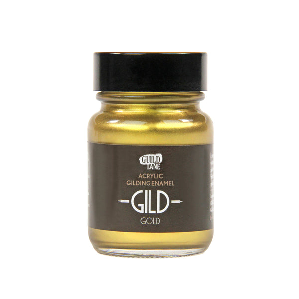 A closed jar of Guild Lane Super GILD Gold premium metallic gilding paint for interior and exterior projects.