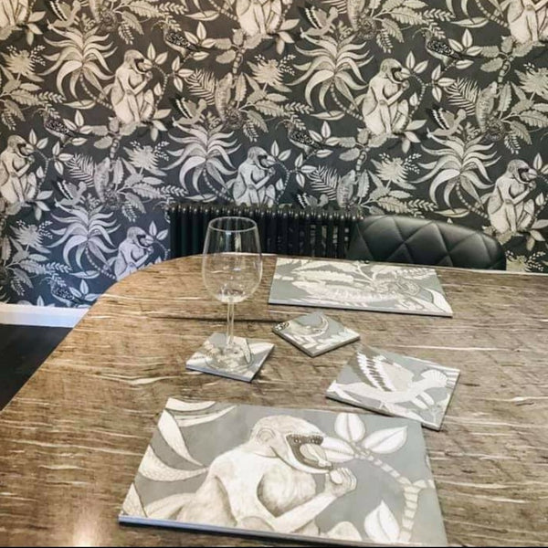 Handmade-to-order ceramic tableware on client's kitchen table, created from her wallpaper to coordinate with grey home décor.
