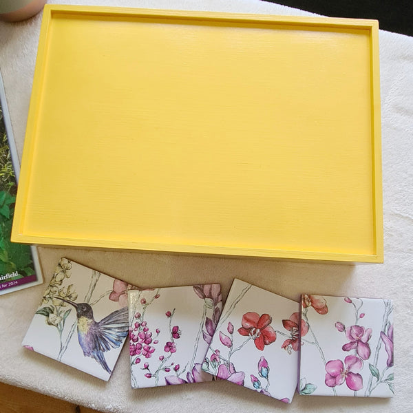 Reverse of deep yellow handcrafted wooden serving tray with integrated handles.  Matching coasters available separately.