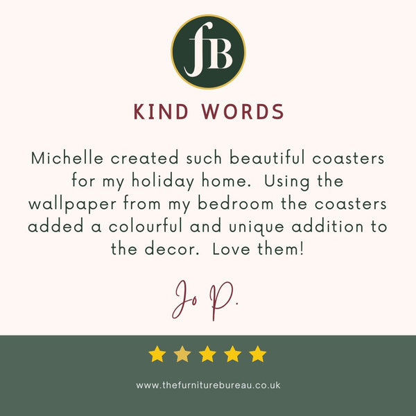 Kinds words from my client, five star review of bespoke coasters for her holiday home.