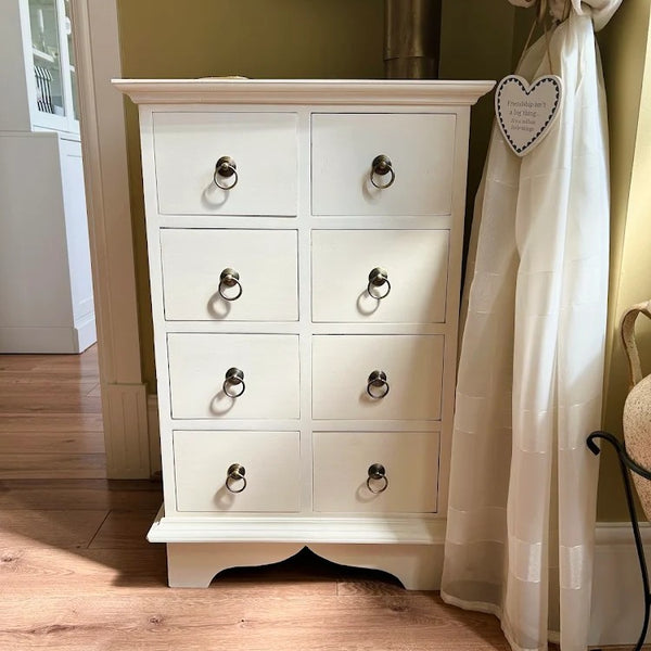 Wooden multi drawer hallway chest transformed during a 1-to-1 furniture painting workshop 