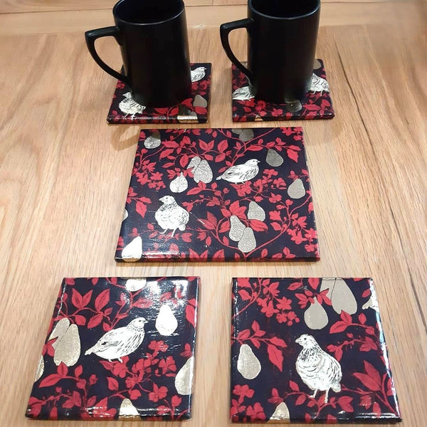 One-of-a-kind handmade Partridge in a Pear Tree coaster and bottle stand set for a Christmas gift.