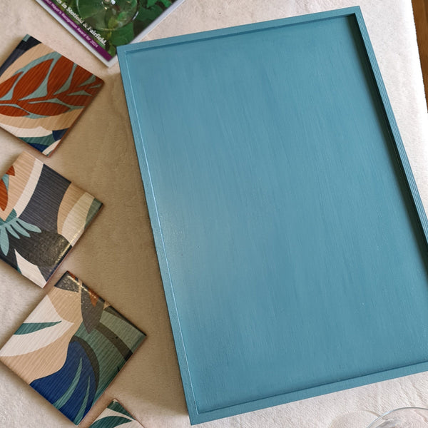 Reverse of Handcrafted deep teal wooden serving tray.  Matching coasters available separately.