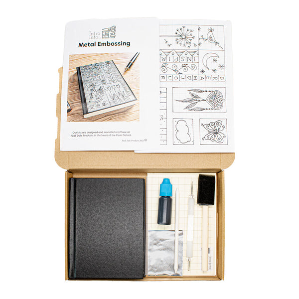 A6 Journal metal embossing kit with aluminium, journal, tools, tracing paper and instructions.
