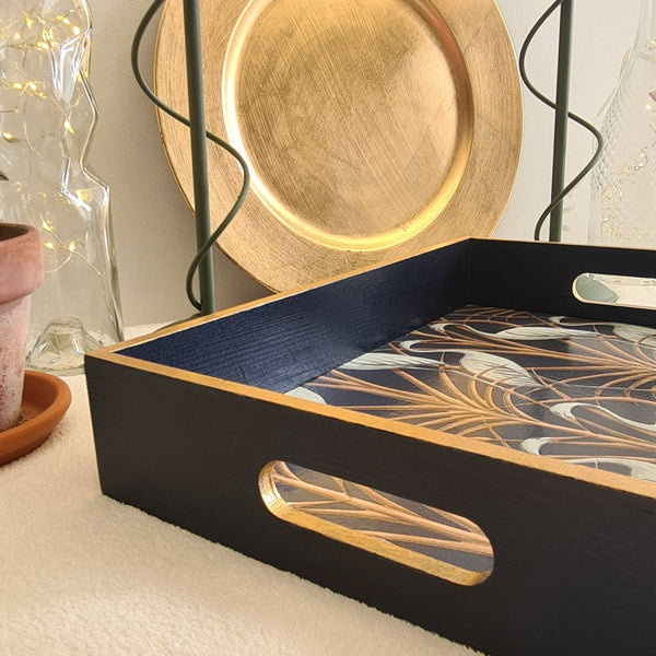 Nouveau Heron serving tray side view, featuring navy blue paint and metallic bronze edging.