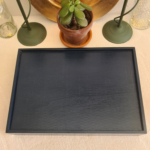Reverse view of navy wooden serving tray decorated with Angel Strawbridge Nouveau Heron design and metallic bronze edging.