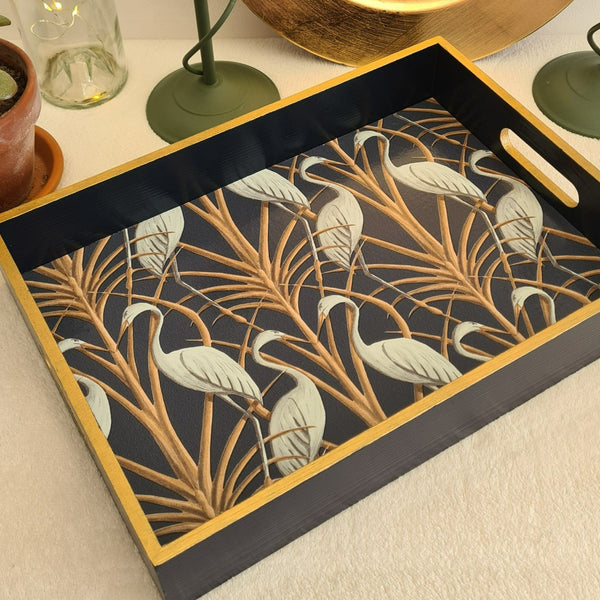 Handcrafted navy Nouveau Heron wooden serving tray by The Chateau Angel Strawbridge with metallic bronze edging.