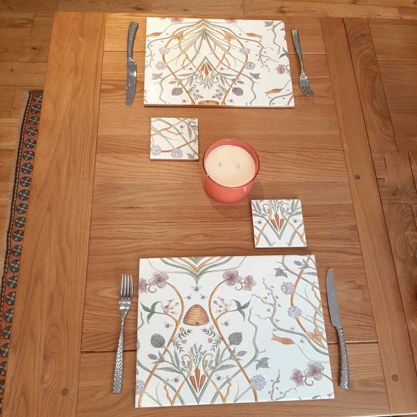 Chateau Potagerie handmade placemats and coasters styled for a romantic dinner for two with candle.