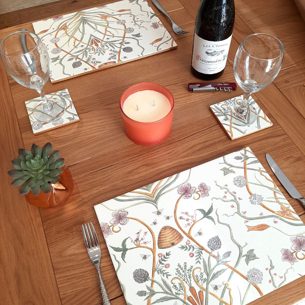 Handmade The Chateau by Angel Strawbridge Potagerie Dinner for Two set with two ceramic placemats and matching coasters.