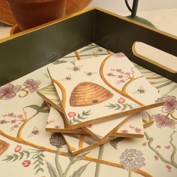 Handcrafted olive green The Chateau Potagerie serving tray with four matching Potagerie ceramic coasters.