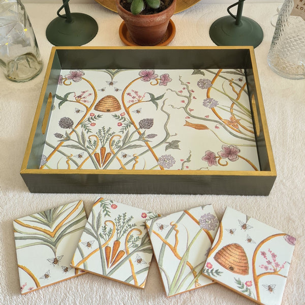 Handcrafted olive green wooden serving tray decorated with The Chateau by Angel Strawbridge Potagerie design and metallic gold edging.