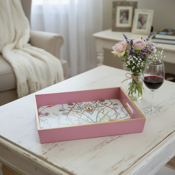 Pink The Chateau Potagerie serving tray styled with fresh flowers and coordinating home accessories, staged by AI in a living room.