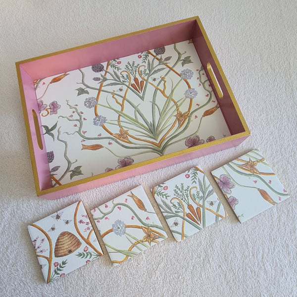 Handcrafted pink The Chateau Potagerie wooden serving tray with matching Potagerie ceramic coasters.