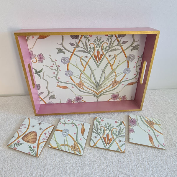 Upright view of The Chateau Potagerie serving tray with soft pink painted sides and metallic gold edging.