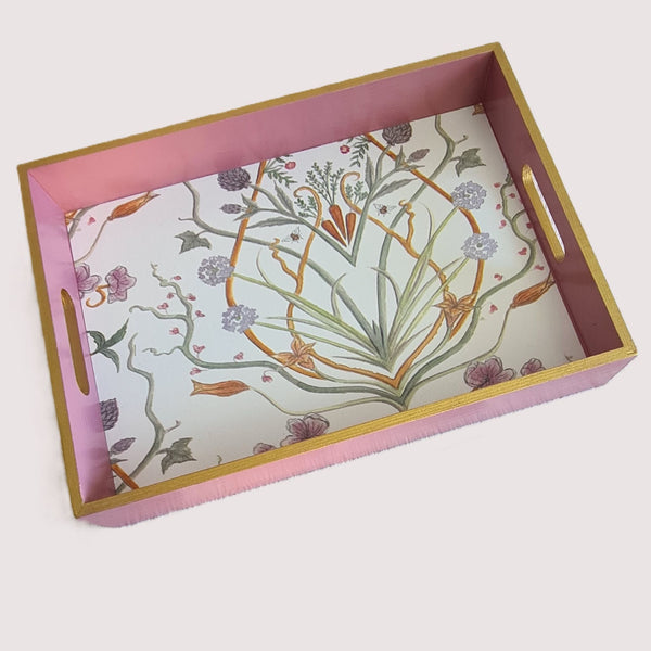 Handcrafted pink wooden serving tray decorated with The Chateau by Angel Strawbridge Potagerie design and metallic gold edging. Custom orders available in a colour of your choice.