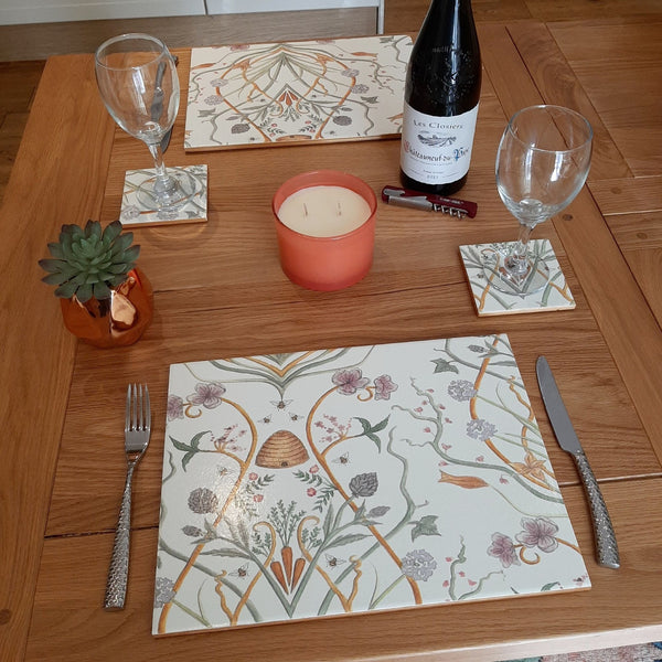 Chateau Potagerie handmade placemats and coasters styled for a romantic dinner for two.