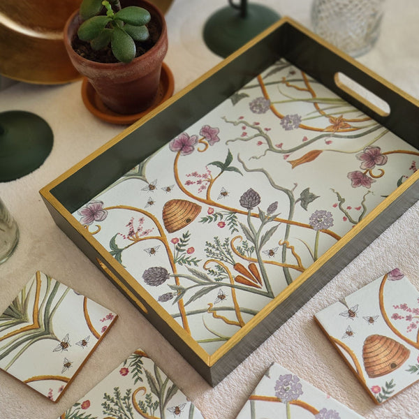 Handcrafted The Chateau Potagerie wooden serving tray with matching ceramic coasters and metallic gold edging.