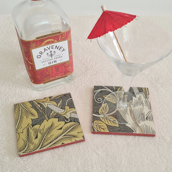 William Morris coaster set in Honeysuckle design, handmade tableware by The Furniture Bureau.