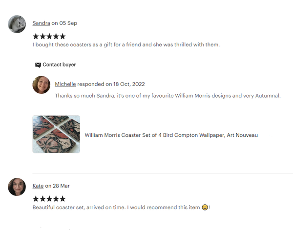 Etsy review of handmade ceramic William Morris Coasters by The Furniture Bureau.