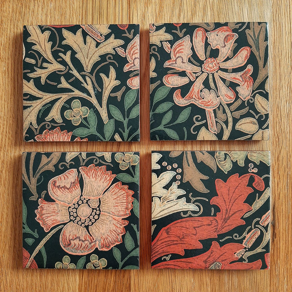 Set of four handmade William Morris Compton ceramic coasters featuring the Arts and Crafts botanical design.