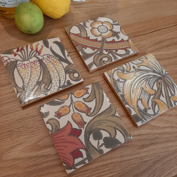 Set of four handmade William Morris Golden Lily ceramic coasters in the Biscuit colourway.