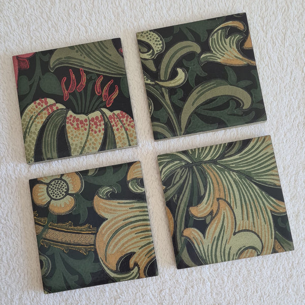 Set of four handmade William Morris Golden Lily ceramic coasters in the Charcoal Grey colourway.