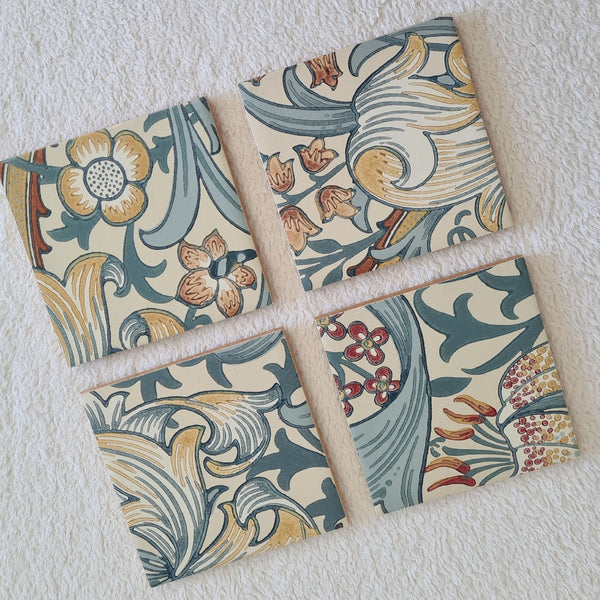 Set of four handmade William Morris Golden Lily ceramic coasters in the Slate Blue colourway.