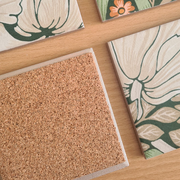 Cork backing on a handmade William Morris Pimpernel ceramic coaster to help protect furniture.