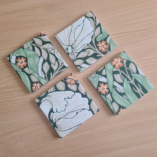 Detail of of William Morris Pimpernel design on a handcrafted ceramic coasters.
