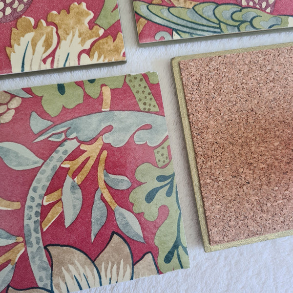 Cork backing on a handmade William Morris Strawberry Thief ceramic coaster to help protect furniture.