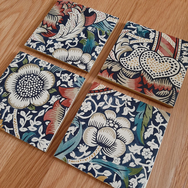 William Morris Wandle handmade ceramic coasters styled as totally unique coffee table accessories.